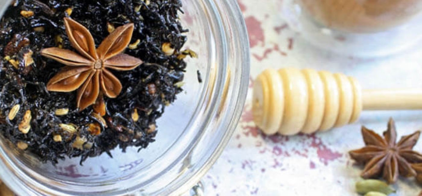 A glass jar of Sticky Chai tea