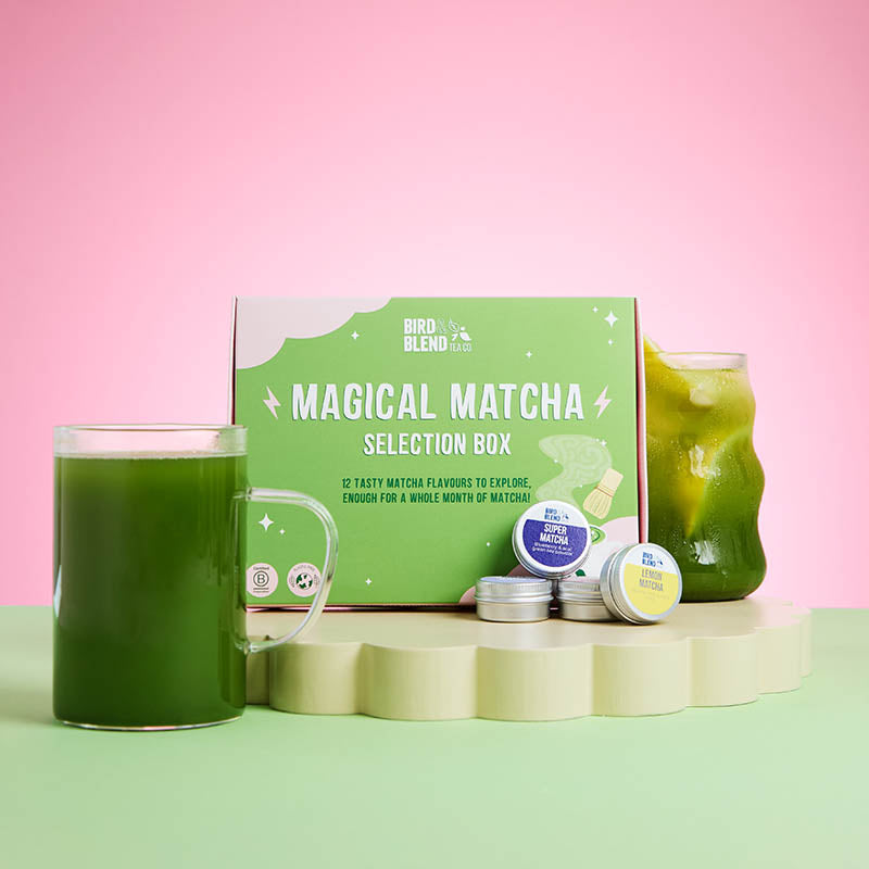 magical matcha selection box with hot cuppa and matcha lemonade