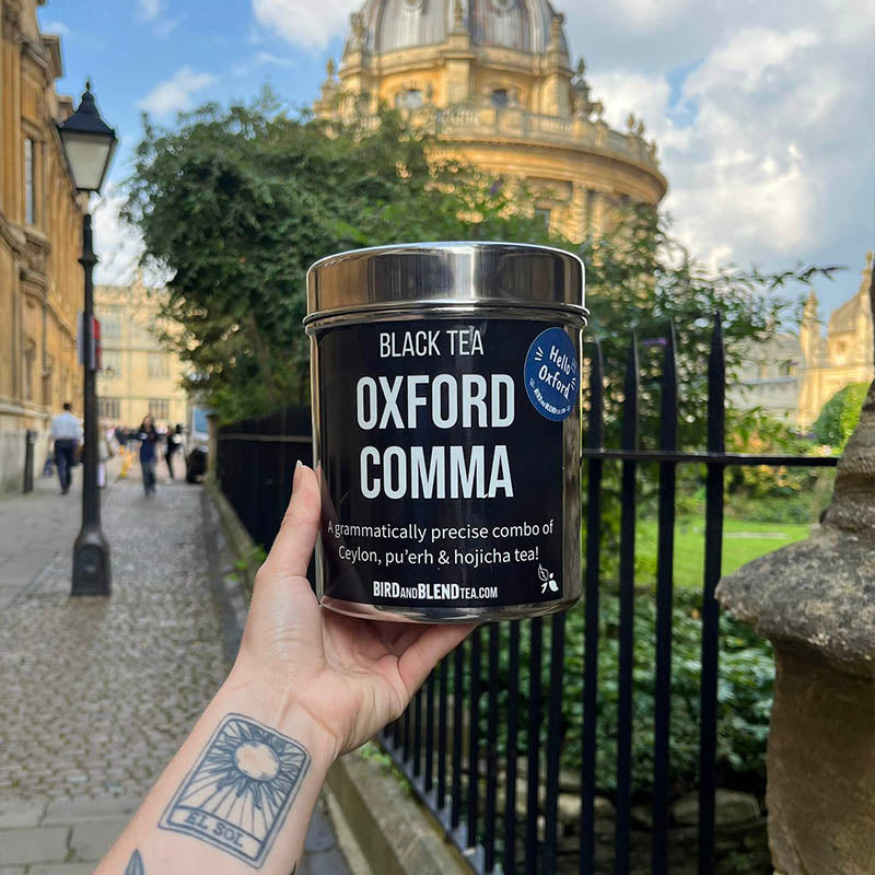 oxford comma tea tin