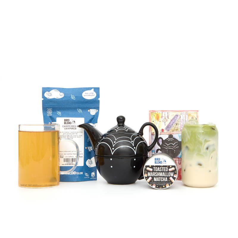 spooky tea bundle products with hot cup of tea and matcha